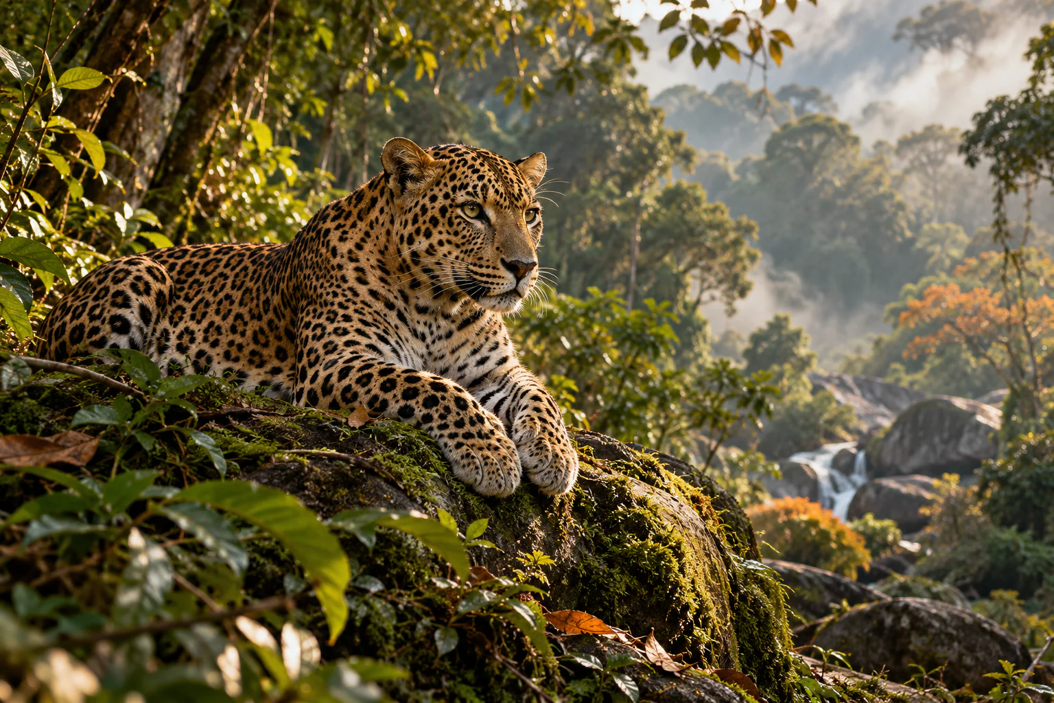 Illustrative Sri Lankan leopard in lush rainforest